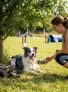 Active dog taking a rest and water break during hot weather