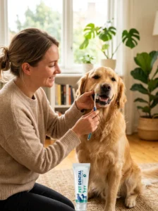 Owner brushing a dog's teeth as part of its grooming routine