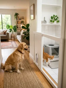 Separate litter box area helping manage odor in a cat and dog household