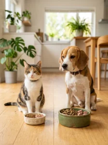 Cat and dog shown with separate diets to illustrate their different nutritional needs