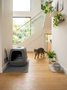 Litter box placed in a quiet accessible area away from noisy appliances