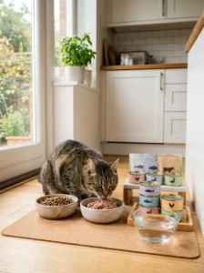 Different cat food options prepared for a picky-eating cat
