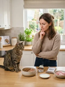 Cat owner considering common misconceptions about feline nutrition and diet