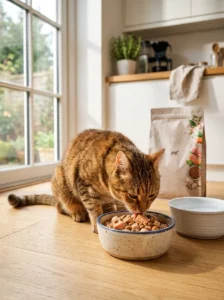 Healthy cat eating a nutritionally complete balanced cat food diet