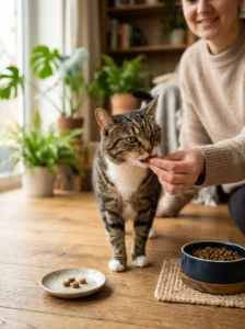 Cat receiving a small treat as part of a balanced diet
