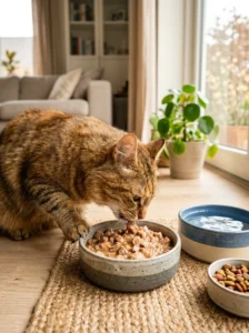 Cat eating wet food beside fresh water and dry cat food