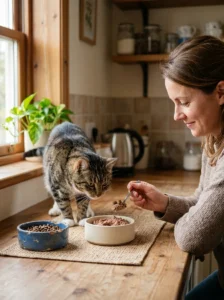 Cat cautiously adjusting to a gradual change in food