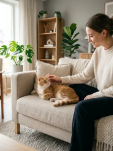 Confident young cat settled comfortably into its home after the first month