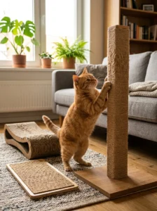 Cat choosing between different scratching posts and surfaces