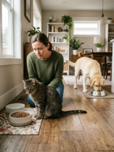 Cat with reduced appetite compared with a normally eating dog
