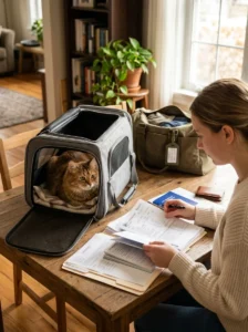 Cat owner preparing vaccination records for boarding or travel