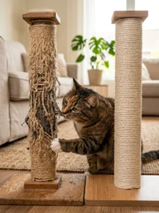 Worn scratching post being evaluated for replacement