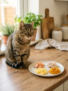 Cat beside small portions of generally safe foods such as cooked chicken, egg and pumpkin