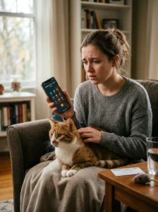 Cat owner contacting a veterinarian after suspected toxic food ingestion