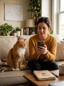 Cat owner checking a missed vaccination booster appointment