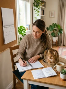 Cat owner recording vaccination dates and vaccine information