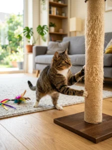 Cat using a scratching surface during an energetic play session