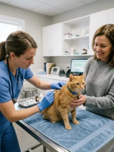 Adult cat receiving a routine booster vaccination