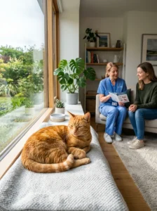 Indoor cat whose owner is discussing vaccination needs with a veterinarian