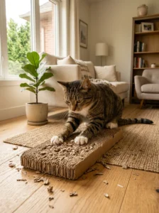 Cat using an affordable corrugated cardboard scratching pad