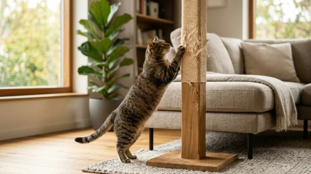 Cat using a sisal scratching post instead of scratching furniture