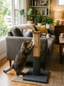 Scratching post placed beside furniture to redirect a cat's scratching