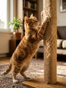 Cat naturally scratching a post for claw maintenance, stretching and scent marking