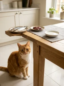 Cat beside foods that may cause problems including raw fish, excessive liver and dairy