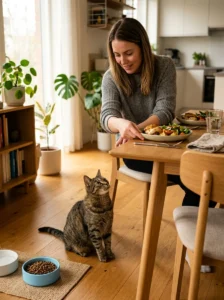 Cat being kept away from human food while appropriate cat food is provided
