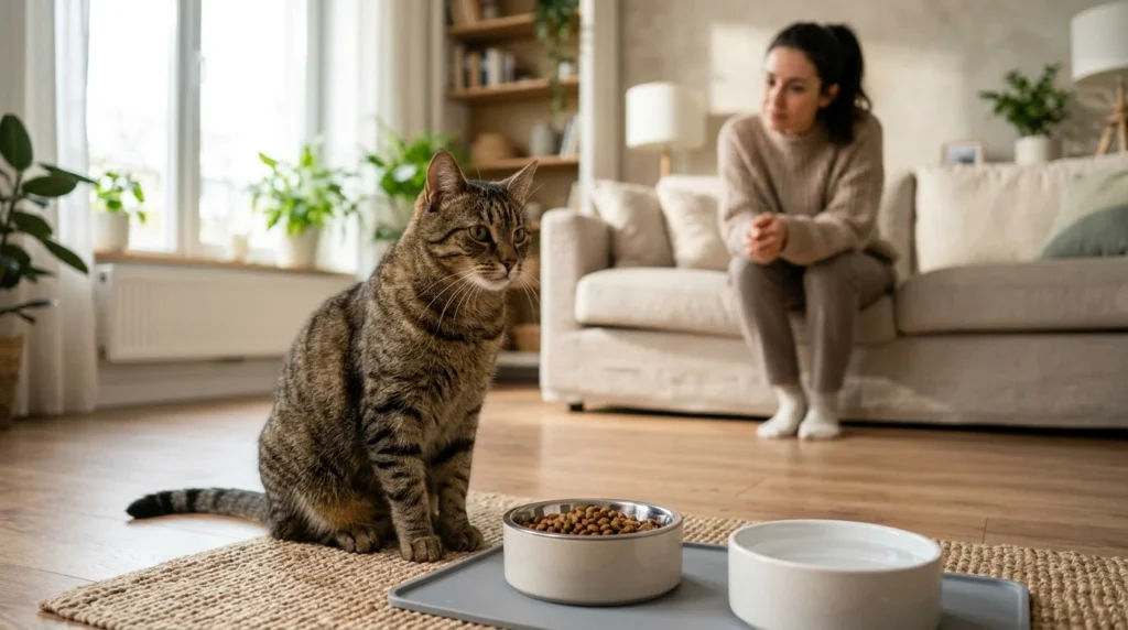 Cat sitting beside an untouched food bowl due to reduced appetite