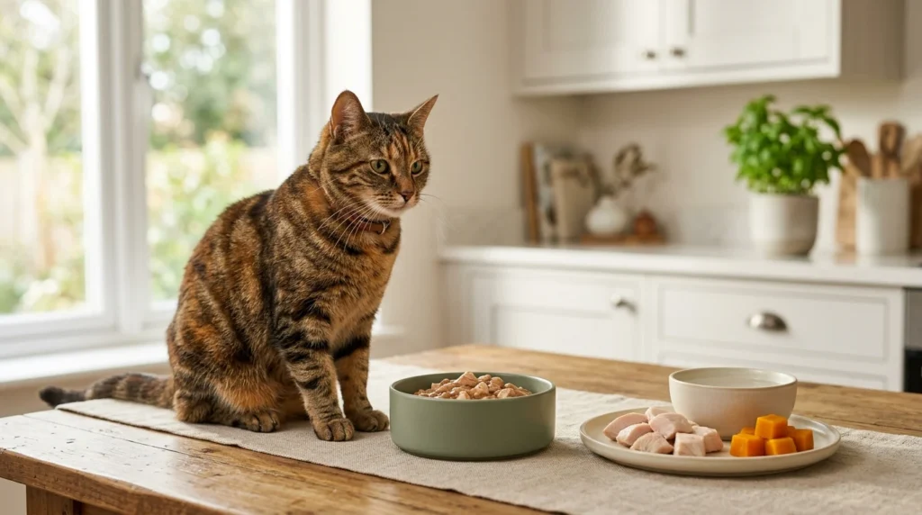 Cat food safety guide showing safe foods and healthy dietary choices for cats