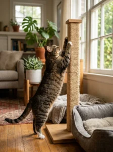 Cat scratching after waking from a nap near its sleeping area