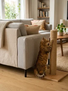 Furniture protected while a cat is redirected to a scratching post