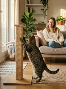 Cat learning appropriate scratching through calm redirection rather than punishment