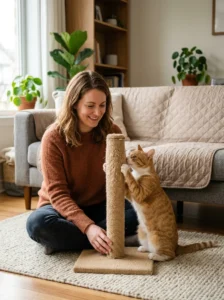 Cat owner patiently helping a cat develop appropriate scratching habits