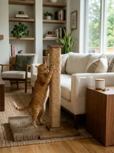 Cat scratching setup combining posts, furniture protection and positive reinforcement