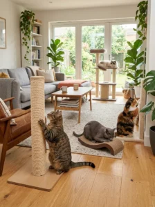 Multiple scratching posts helping reduce competition in a multi-cat home