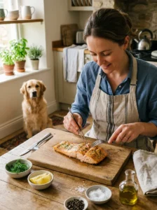 Cooked boneless salmon being prepared safely for a dog