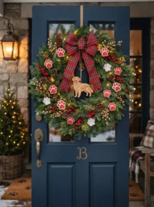 Christmas dog paw wreath with red berries, greenery, and wooden paw prints