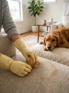 Owner removing dog hair from a fabric sofa with rubber gloves