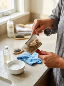 Owner cleaning dog grooming brush to maintain hygiene