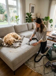 Owner deep-cleaning furniture and carpet to remove dog odor