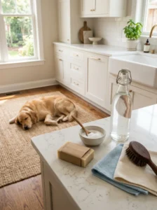 Gentler household cleaning supplies used in a dog-friendly home