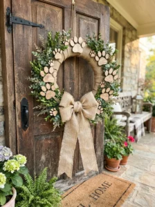 Rustic burlap dog paw wreath with wooden paw prints and greenery