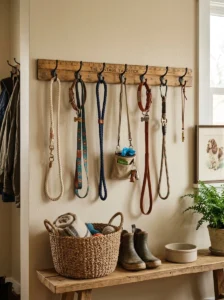 Upcycled wooden yardstick turned into a DIY dog leash holder