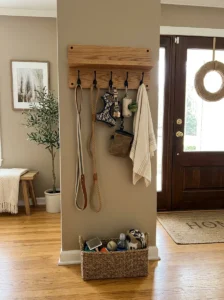 DIY dog leash holder keeping leashes, harnesses, treats, and walking essentials organized near the entryway door.