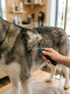 Deshedding tool removing loose undercoat from a dog