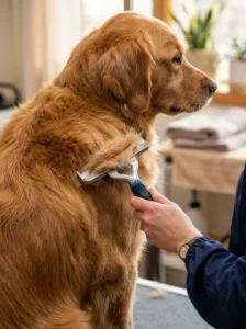 Blade-style deshedding tool removing loose undercoat from a dog