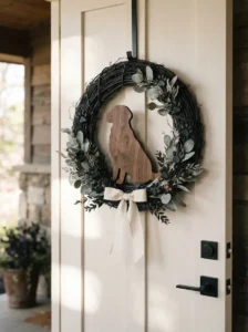 Black paw print wreath with a wooden dog silhouette