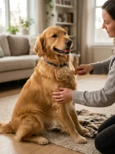 Healthy dog showing normal shedding during regular brushing
